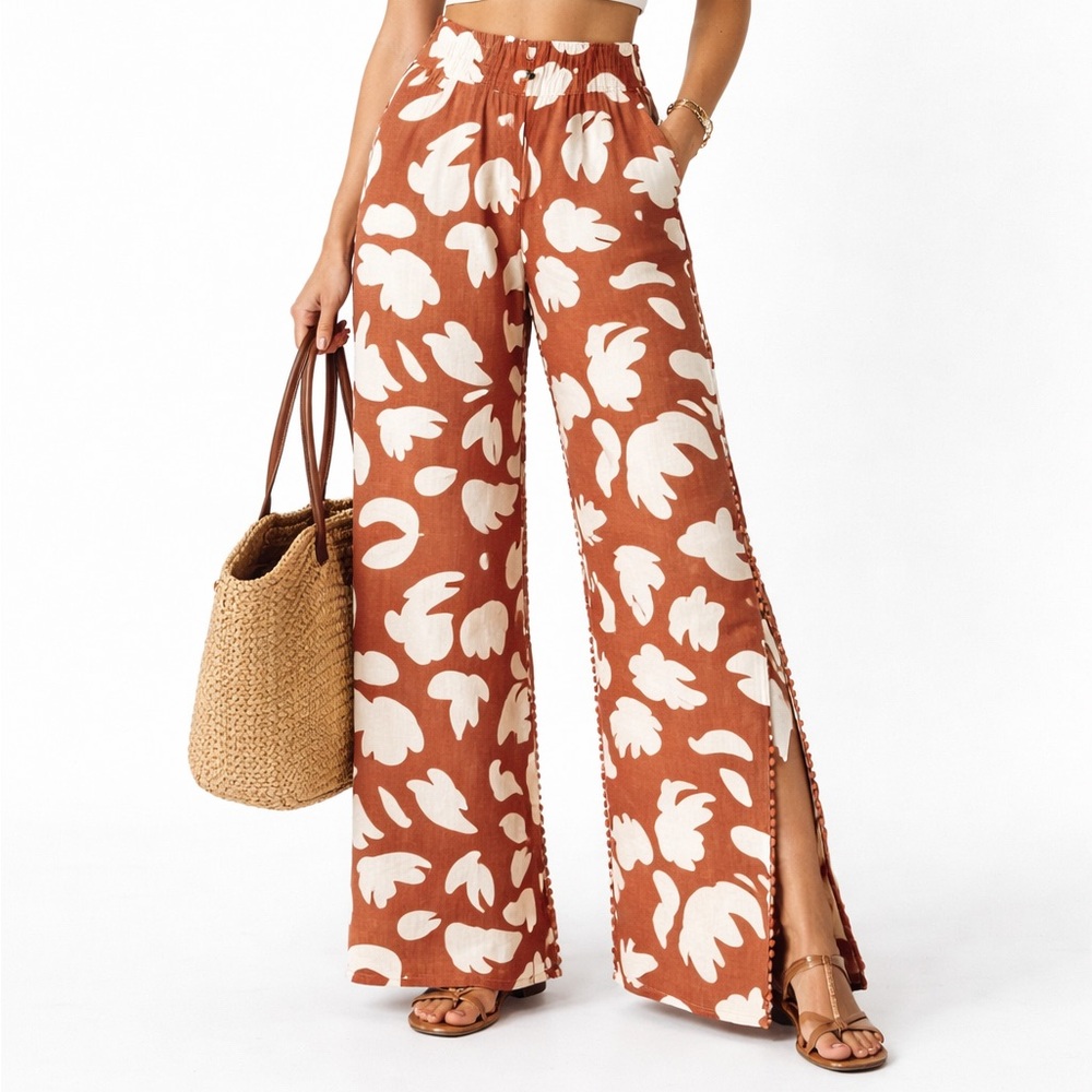 House of Harlow 1960 Linen Wide Leg Pants Size 4 Brown Cream Floral Boho Coastal